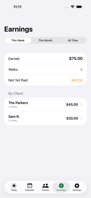 SideWalker earnings dashboard with weekly totals and per-client breakdown