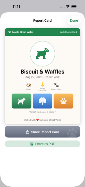 SideWalker walk report card with dog photos, duration, and mood tags