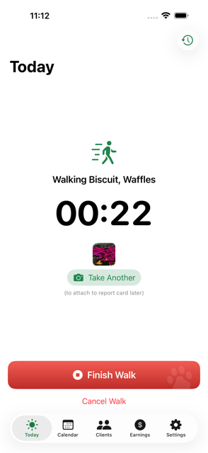 SideWalker Today screen with a walk in progress — Walking Biscuit, Waffles, timer reading 00:22